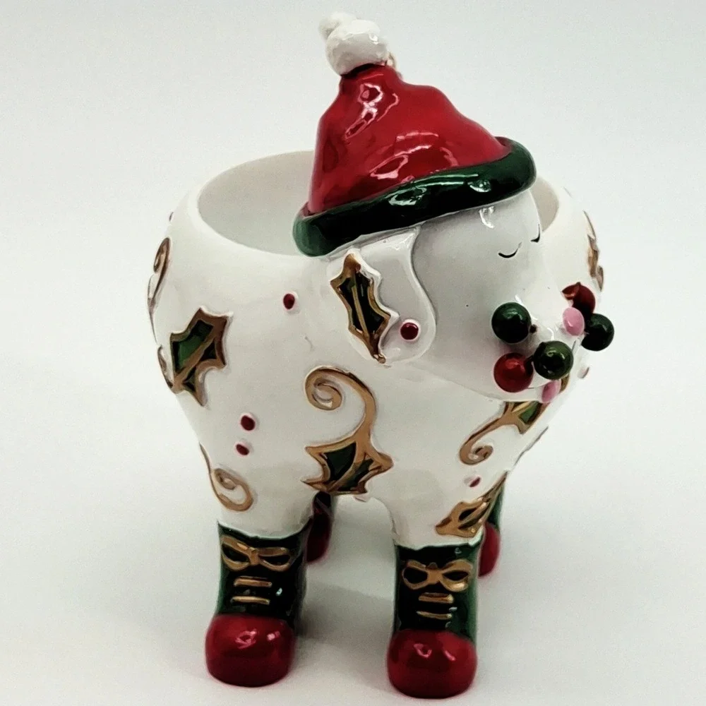 Vintage Ganz Whimsical Christmas Dog Candle Holder Ceramic Holly Berries